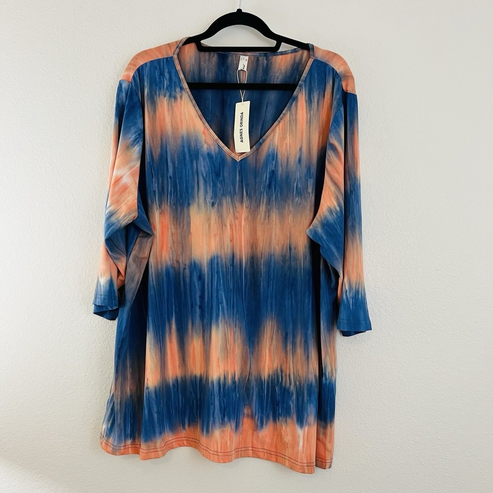 Agnes Orinda Blue Orange Tunic Top V Neckline - Size 3X Super Soft